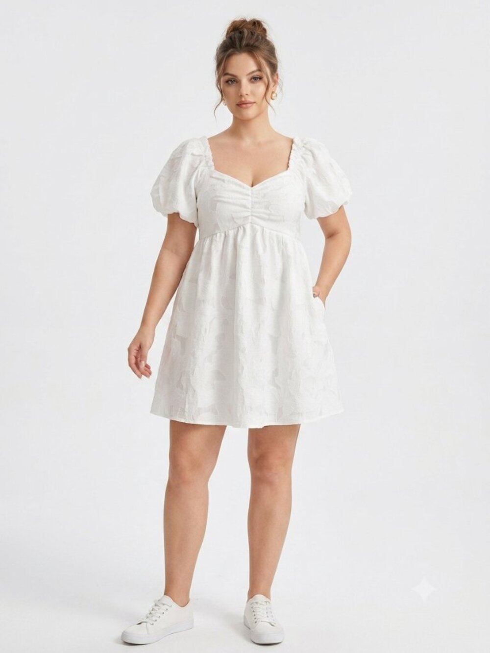 Arula White Puff Sleeve Babydoll Jacquard Mini Dress Bridal Cottagecore 1X NWT
